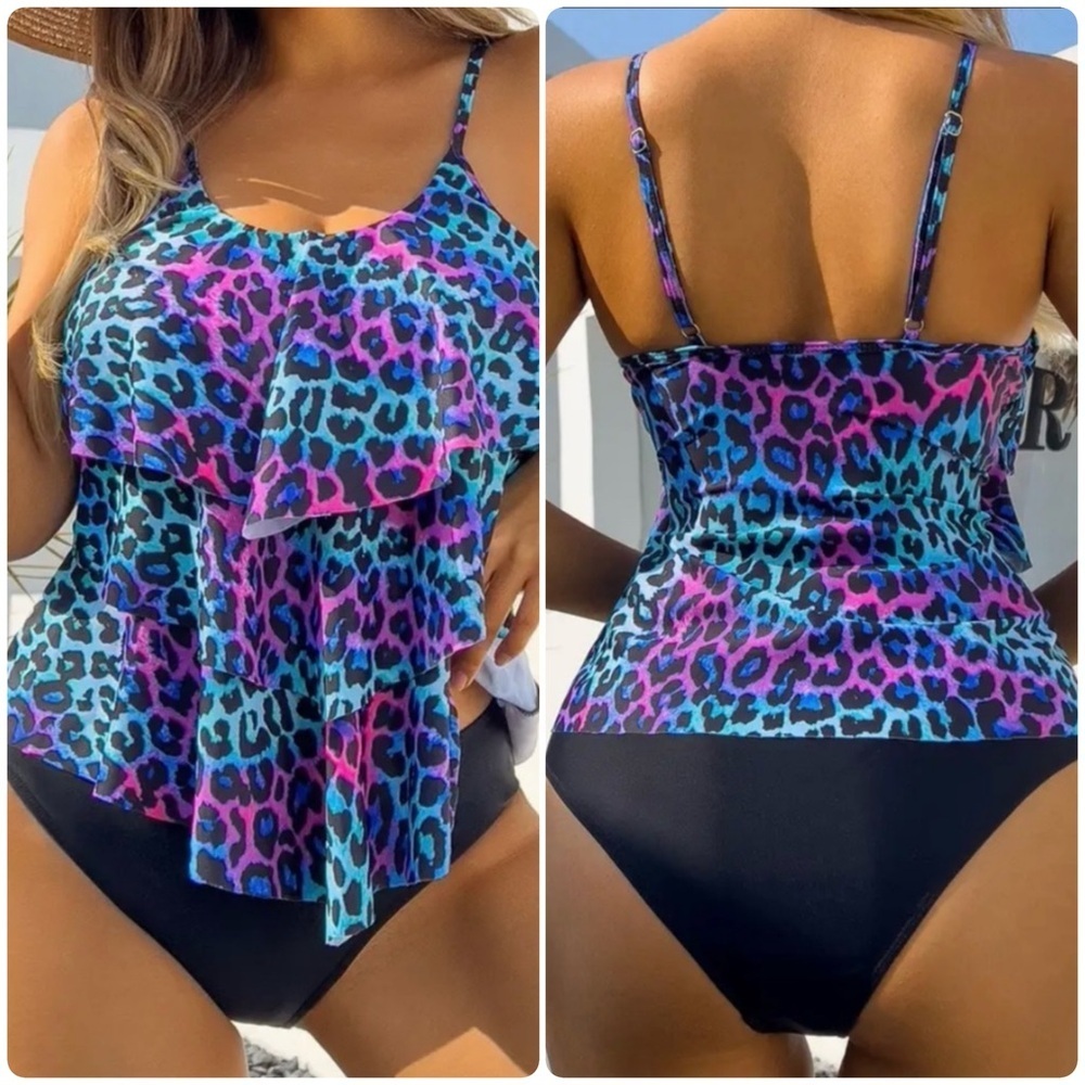 Leopard Print Ruffle High Cut Tankini Set